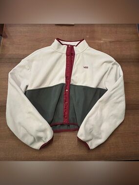 Vans Fleece Jacket in Cream with Burgundy Trim